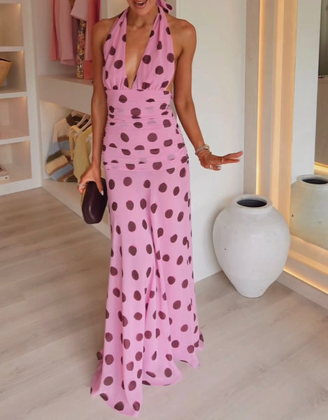 Polka Dot Ruched Halter Dress