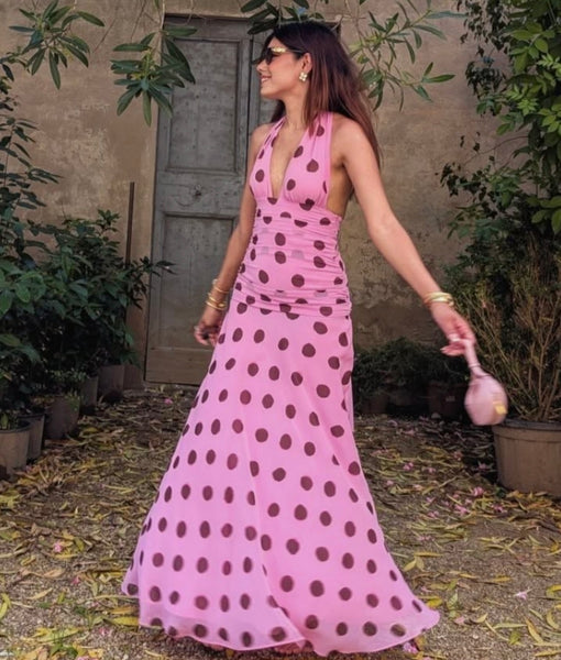 Polka Dot Ruched Halter Dress